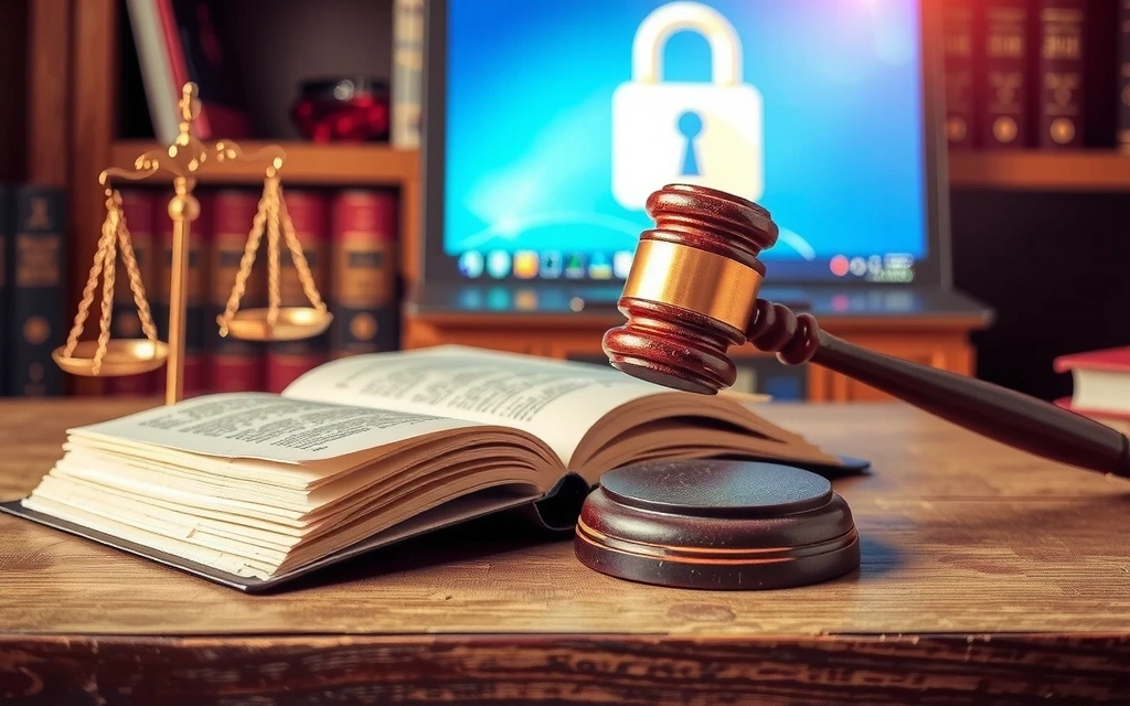 Libro de leyes y balanza simbolizando justicia y propiedad intelectual